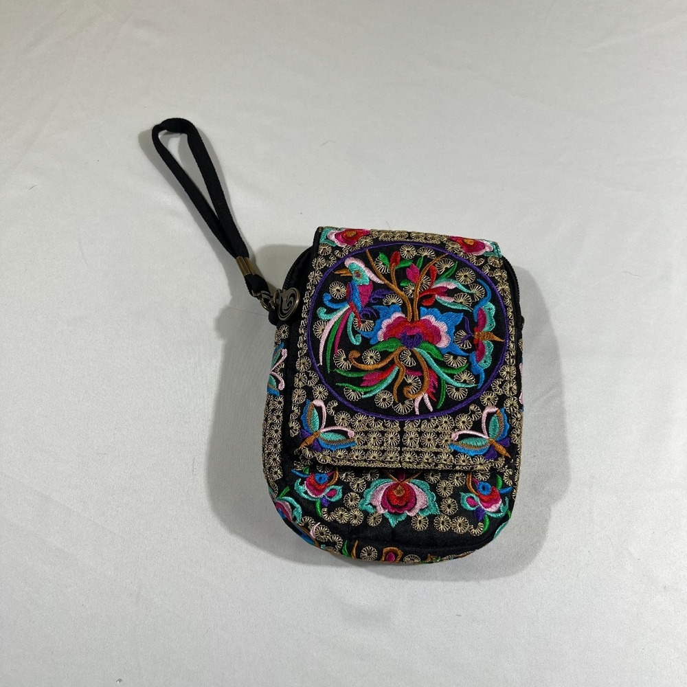 Bohemian Embroidered Floral Crossbody Bag Wristlet Hmong Style Purse